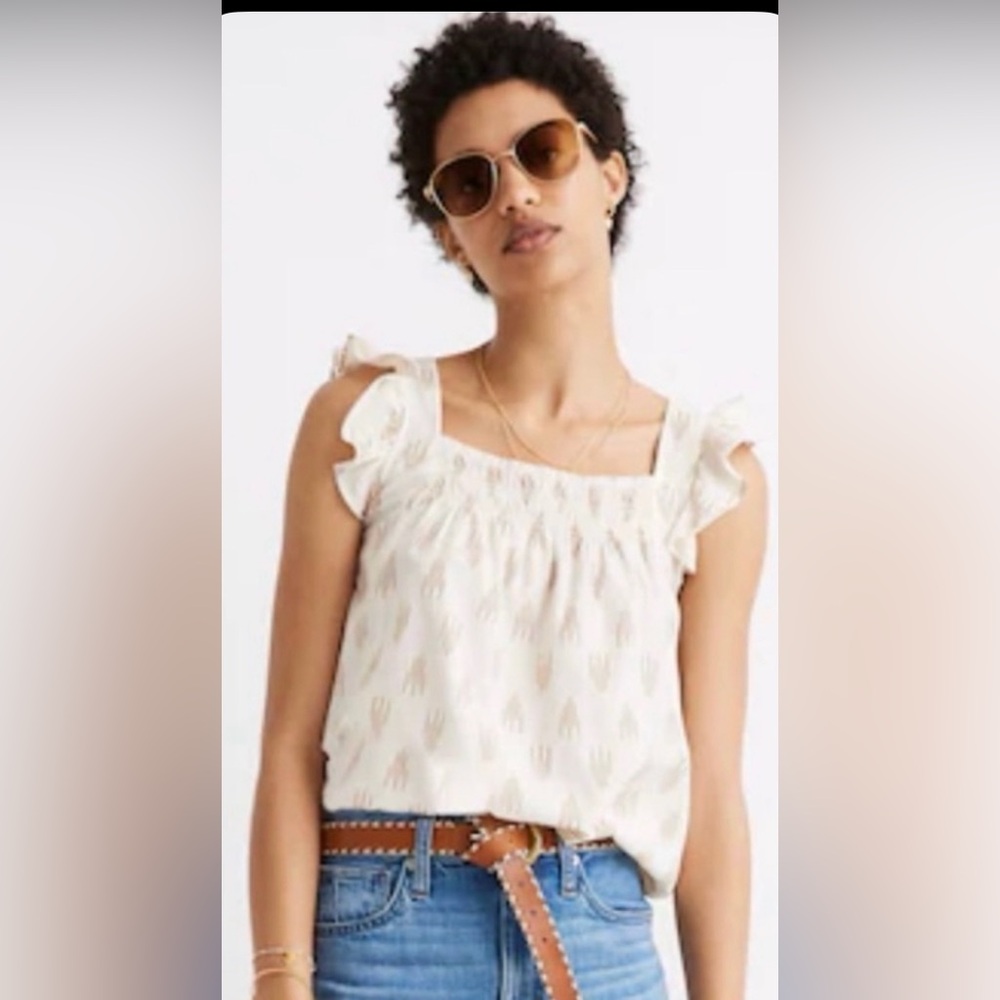 Madewell NWT Size Medium Cream Smocked Ruffle-Strap Tank Top in Ikat Dainty